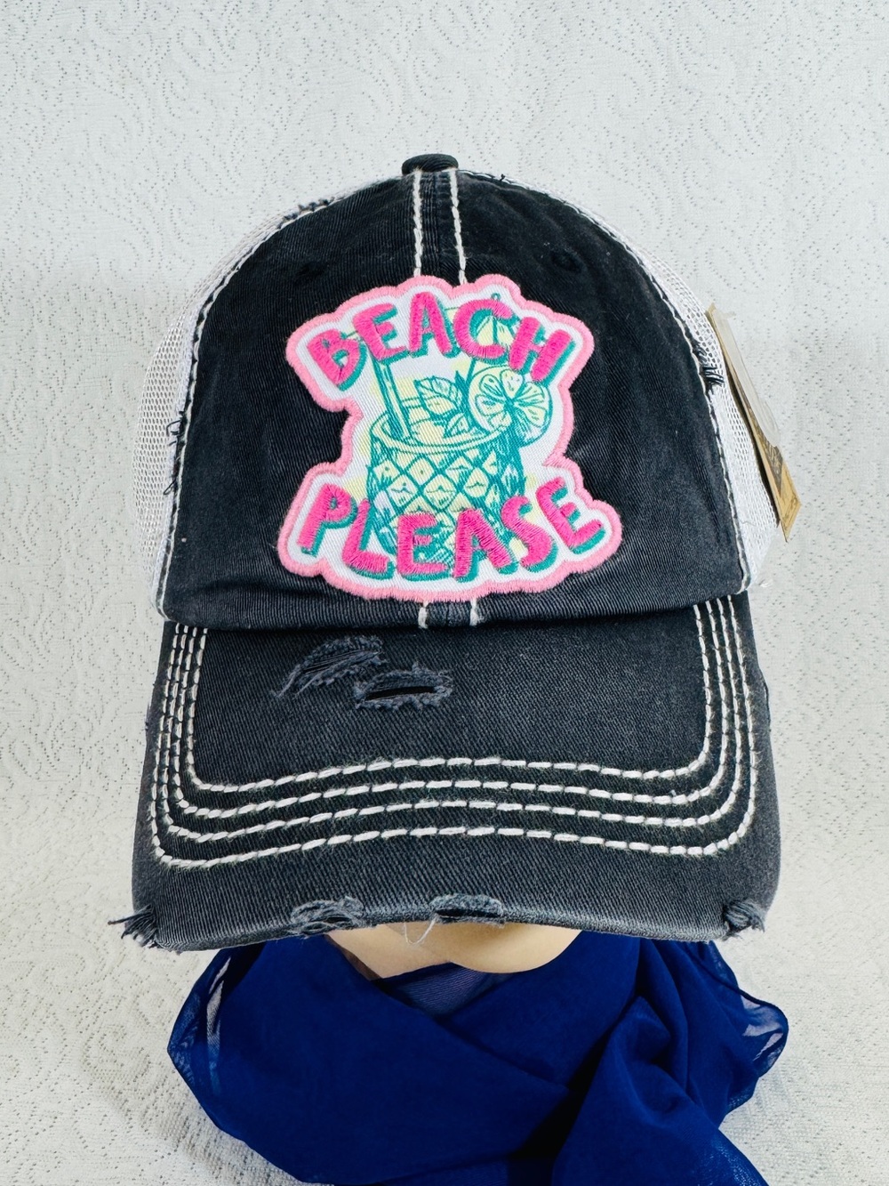 New Women Jeans - Black Distressed Baseball Cap with Pink 'Beach Please' Patch